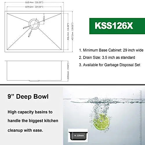26'' W x 18'' D Undermount Kitchen Sink 16 Gauge Stainless Steel Deep Single Bowl with Sink Grid Kichae USA