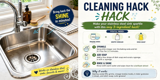 Kitchen sink cleaning hack infographic, step guide to clean stainless steel sink