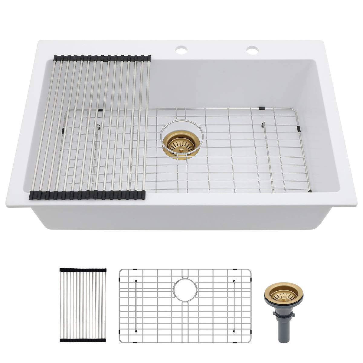 Kichae 33" x 22" White Quartz Drop-In Kitchen Sink, Single Bowl Quartz Kitchen Sink with Accessories