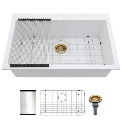 Kichae 33" x 22" White Quartz Drop-In Kitchen Sink, Single Bowl Quartz Kitchen Sink with Accessories