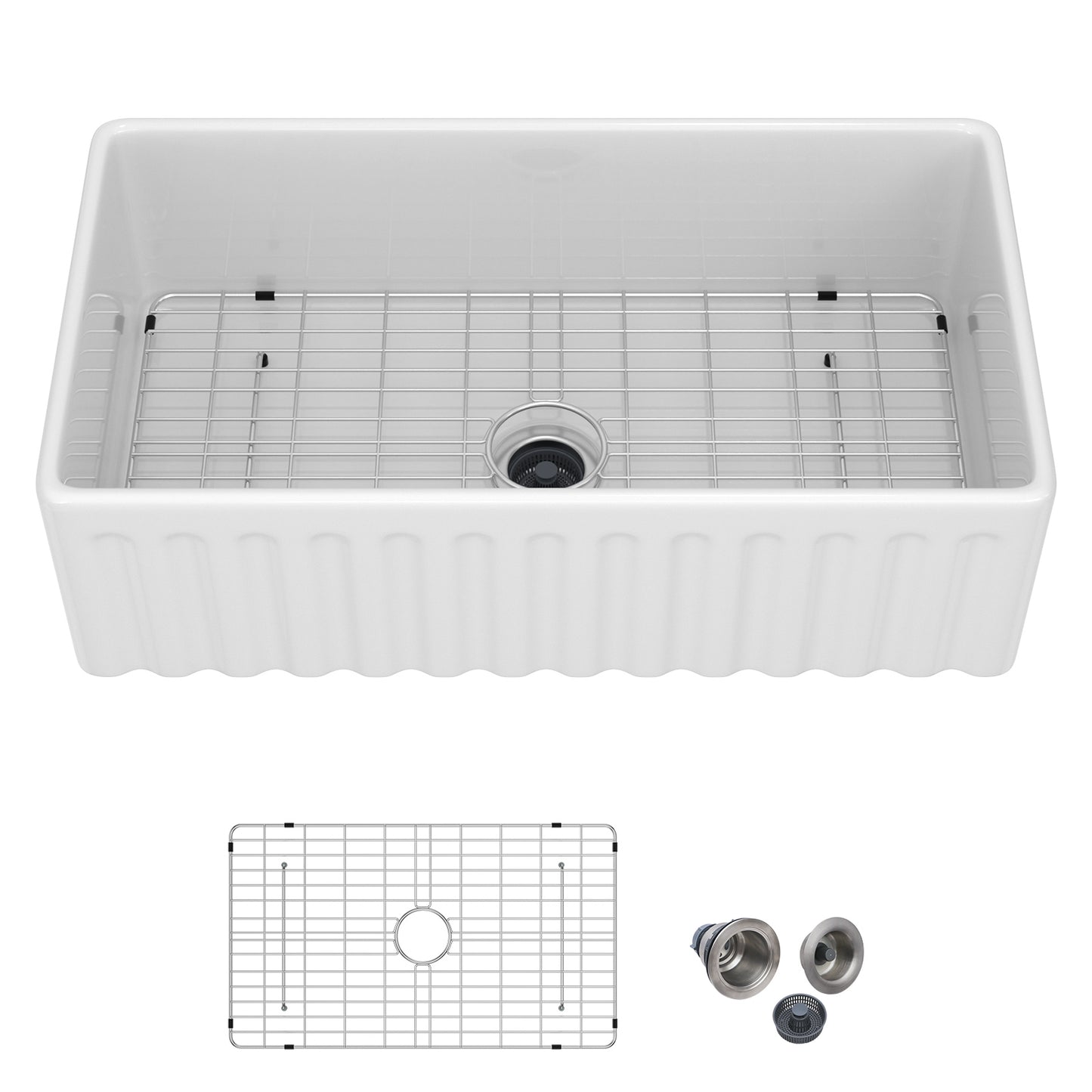 Kichae 33'' x 18'' Reversible White Fireclay Farmhouse Kitchen Sink, Single Bowl Apron Front Sink with Basin Rack & Drain Assembly
