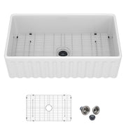 Kichae 33'' x 18'' Reversible White Fireclay Farmhouse Kitchen Sink, Single Bowl Apron Front Sink with Basin Rack & Drain Assembly Kichae USA