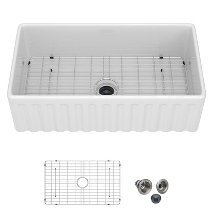 Kichae 33'' x 18'' Reversible White Fireclay Farmhouse Kitchen Sink, Single Bowl Apron Front Sink with Basin Rack & Drain Assembly