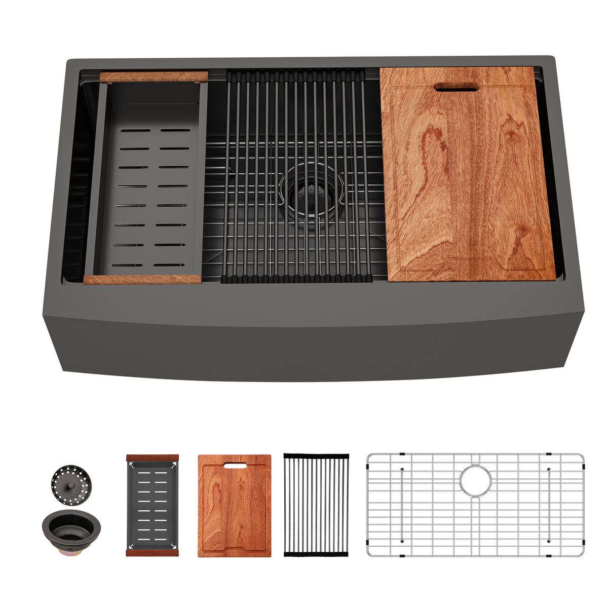 Kichae 36 x 22 Inch Kitchen Sink Farmhouse Workstation Black Stainless Steel with Accessories