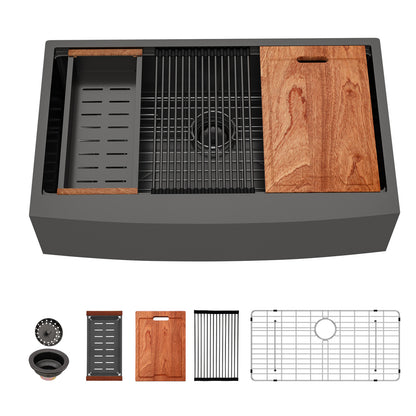 Kichae 36 x 22 Inch Kitchen Sink Farmhouse Workstation Black Stainless Steel with Accessories