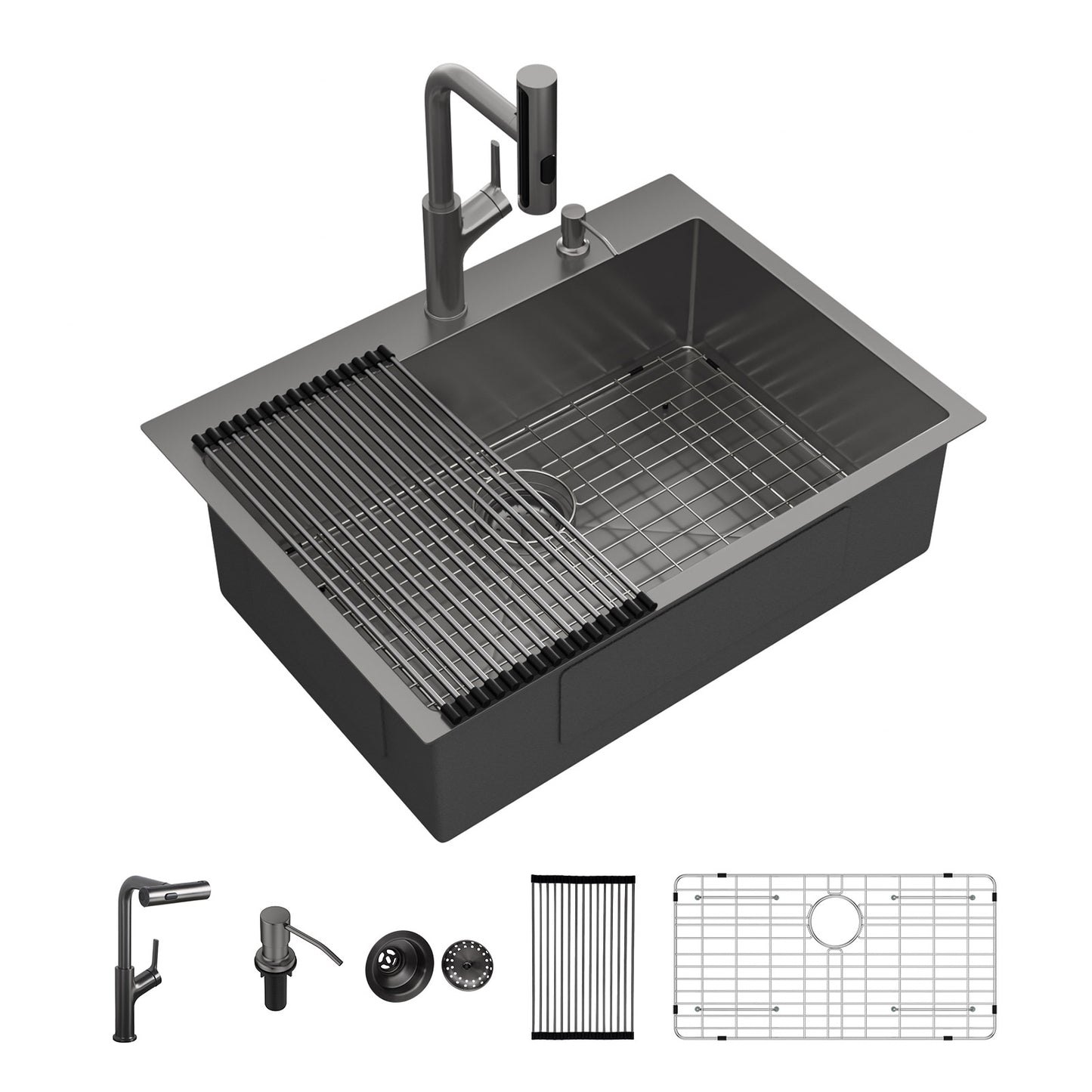 Kichae 30 Inch Gunmetal Black Drop In Workstation Kitchen Sink 16 Gauge Stainless Steel 30x22 Single Bowl Sink with Pull Out Faucet & Accessories