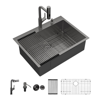 Kichae 30 Inch Gunmetal Black Drop In Workstation Kitchen Sink 16 Gauge Stainless Steel 30x22 Single Bowl Sink with Pull Out Faucet & Accessories