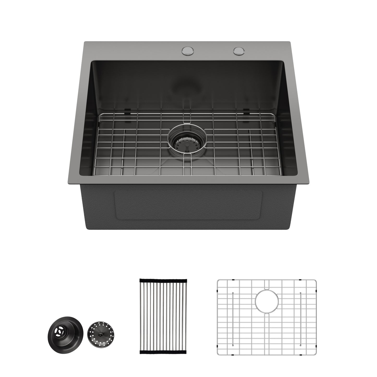 Kichae 25 Inch Gunmetal Black Drop In Top Mount Kitchen Sink 25×22 Inch 16 Gauge T304 Stainless Steel Single Bowl Sink with Accessories
