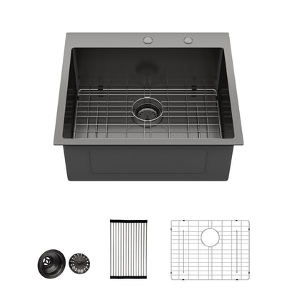 Kichae 25 Inch Gunmetal Black Drop In Top Mount Kitchen Sink 25×22 Inch 16 Gauge T304 Stainless Steel Single Bowl Sink with Accessories