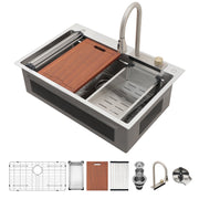 Kichae 33in  Drop In Kitchen Sink Waterfall Stainless Steel Sink Single Bowl 16 Gauge Workstation Sink Topmount Kitchen Sink With Faucet Combo And Cup Washer Kichae USA