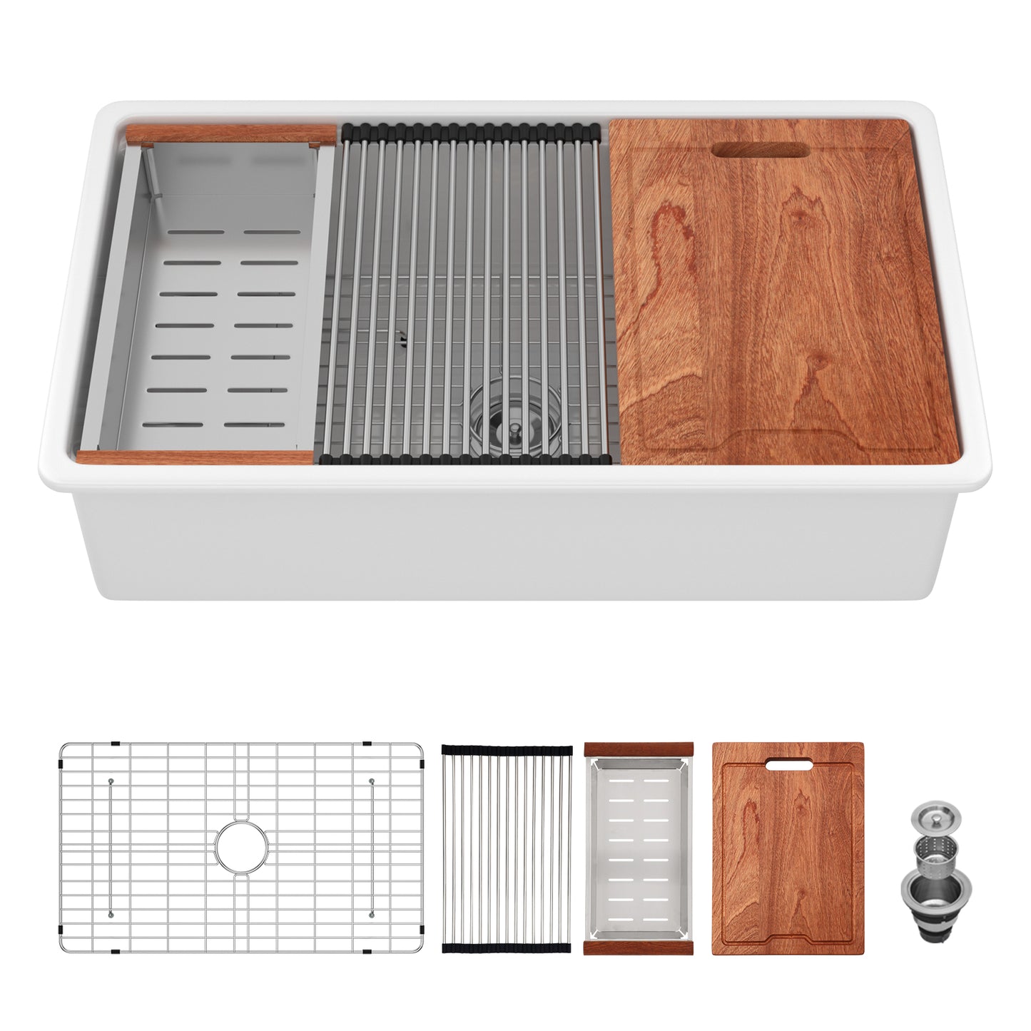 Kichae 33" x 19" White Fireclay Undermount Workstation Kitchen Sink Single Bowl Sink with Full Accessories