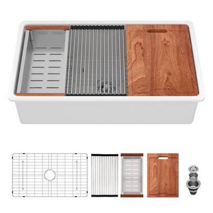 Kichae 33" x 19" White Fireclay Undermount Workstation Kitchen Sink Single Bowl Sink with Full Accessories