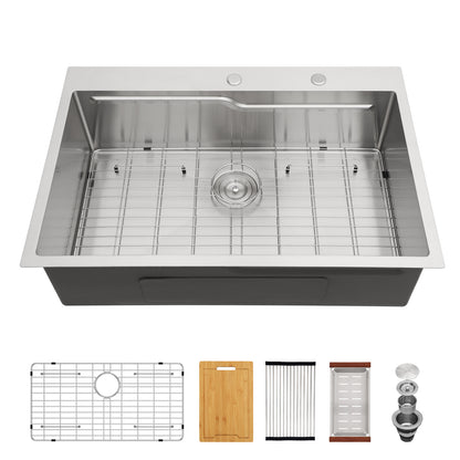 Kichae 33 x19 Inch Drop In Worksation Kitchen Sink Single Bowl Stainless Steel Sink Topmount Z-Shape Single-Tier Track Design Workstation Sink with Cutting Board and Colander