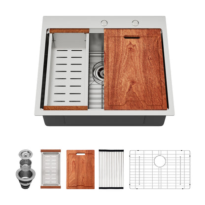 Kichae 25 Inch Drop In Workstation Kitchen Sink 25×22 Inch 16 Gauge T304 Stainless Steel Single Bowl Sink with Full Workstation Accessories