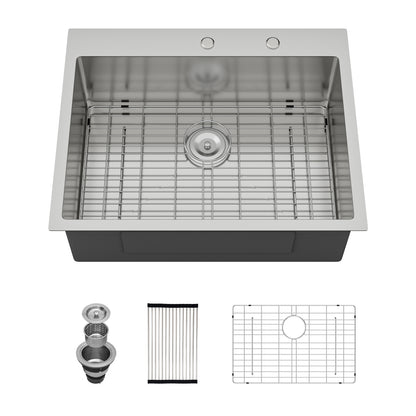 Kichae 28 Inch Drop In Kitchen Sink 28×22 Inch 16 Gauge T304 Stainless Steel Single Bowl Topmount Sink with Complete Accessories