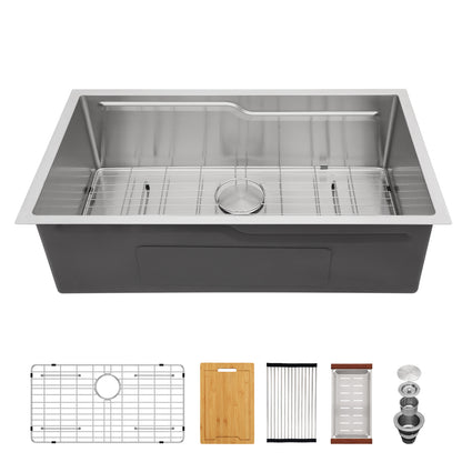 33 Inch Undermount Kitchen Sink 16 Gauge Stainless Steel Kitchen Sink Single Bowl Kitchen Sink Workstation Sink with Z-Shape Single-Tier Track