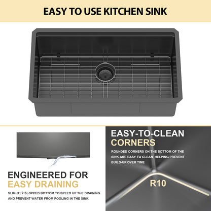 Kichae 30'' x 19'' Gunmetal Black Undermount Workstation Kitchen Sink 16 Gauge Stainless Steel Single Bowl Sink with Full Workstation Accessories