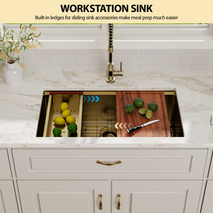 Kichae 36 Inch Gold Undermount Workstation Kitchen Sink 16 Gauge T304 Stainless Steel