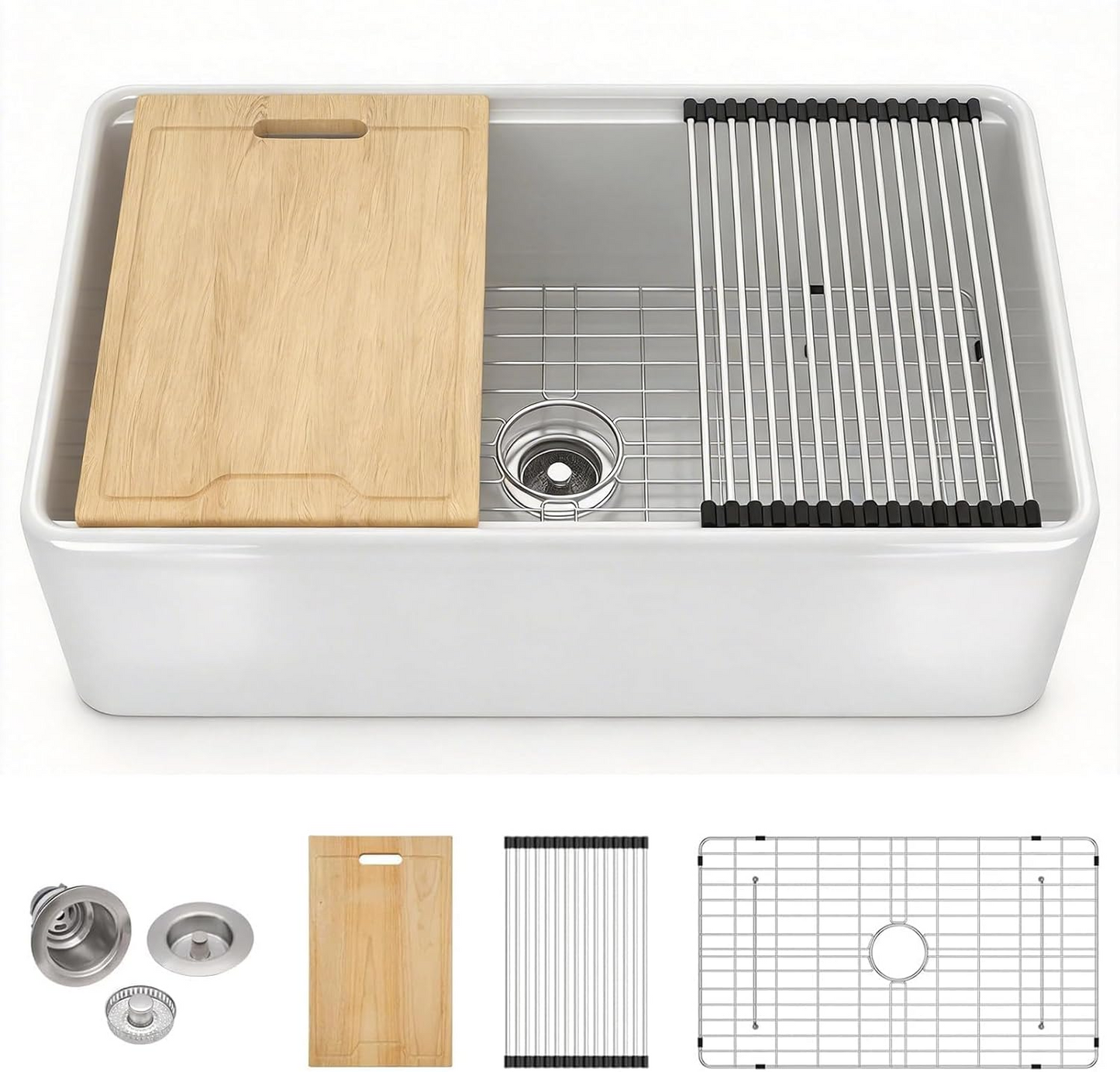 Kichae 33"x20" White Fireclay Workstation Farmhouse Kitchen Sink Apron Front Single Bowl with Slide Ledge Prep Accessories