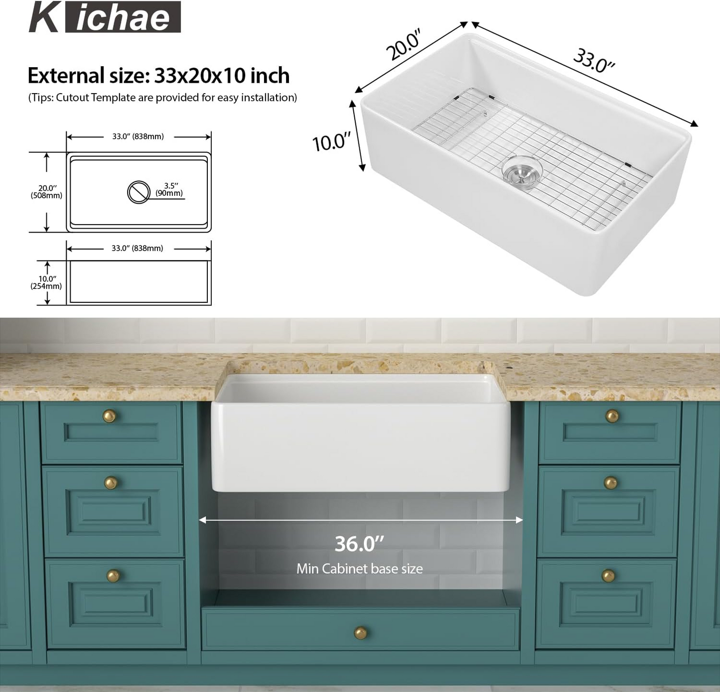 Kichae 33"x20" White Fireclay Workstation Farmhouse Kitchen Sink Apron Front Single Bowl with Slide Ledge Prep Accessories