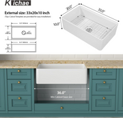 Kichae 33''x20'' White Fireclay Workstation Farmhouse Kitchen Sink Apron Front Single Bowl with Slide Ledge Prep Accessories Kichae USA