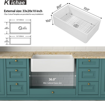 Kichae 33"x20" White Fireclay Workstation Farmhouse Kitchen Sink Apron Front Single Bowl with Slide Ledge Prep Accessories