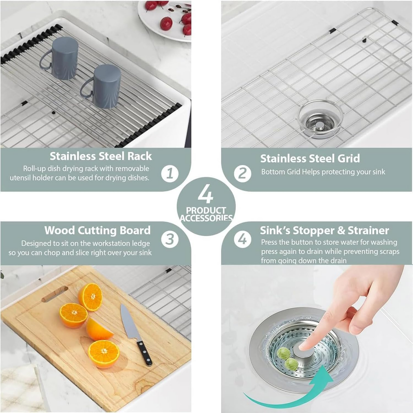 Kichae 33"x20" White Fireclay Workstation Farmhouse Kitchen Sink Apron Front Single Bowl with Slide Ledge Prep Accessories