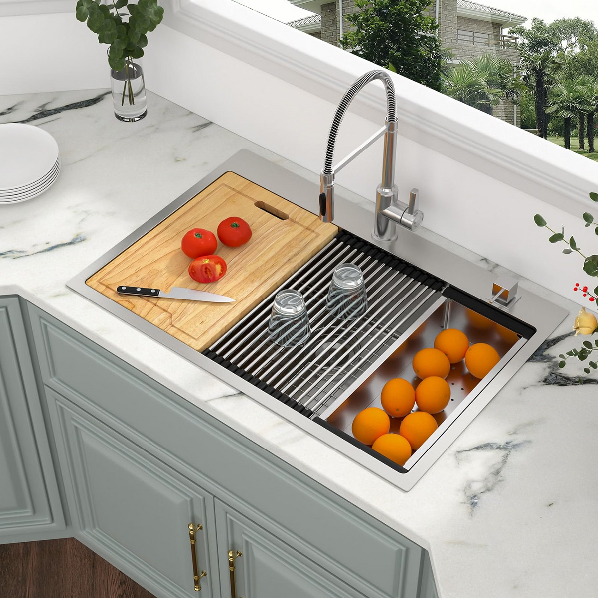 33 Kitchen Sink Drop In, Kichae 33 Inch Kitchen Sink Ledge Workstation Stainless Steel 16 Gauge Topmount Single Bowl Kitchen Sink with Accessories