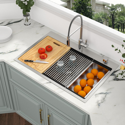 33 Kitchen Sink Drop In, Kichae 33 Inch Kitchen Sink Ledge Workstation Stainless Steel 16 Gauge Topmount Single Bowl Kitchen Sink with Accessories