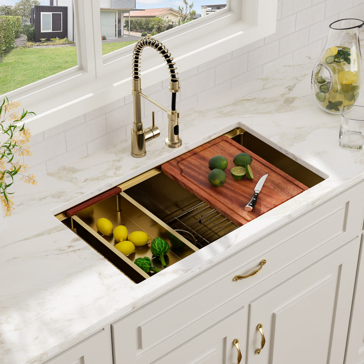 Kichae 36 Inch Gold Undermount Workstation Kitchen Sink 16 Gauge T304 Stainless Steel