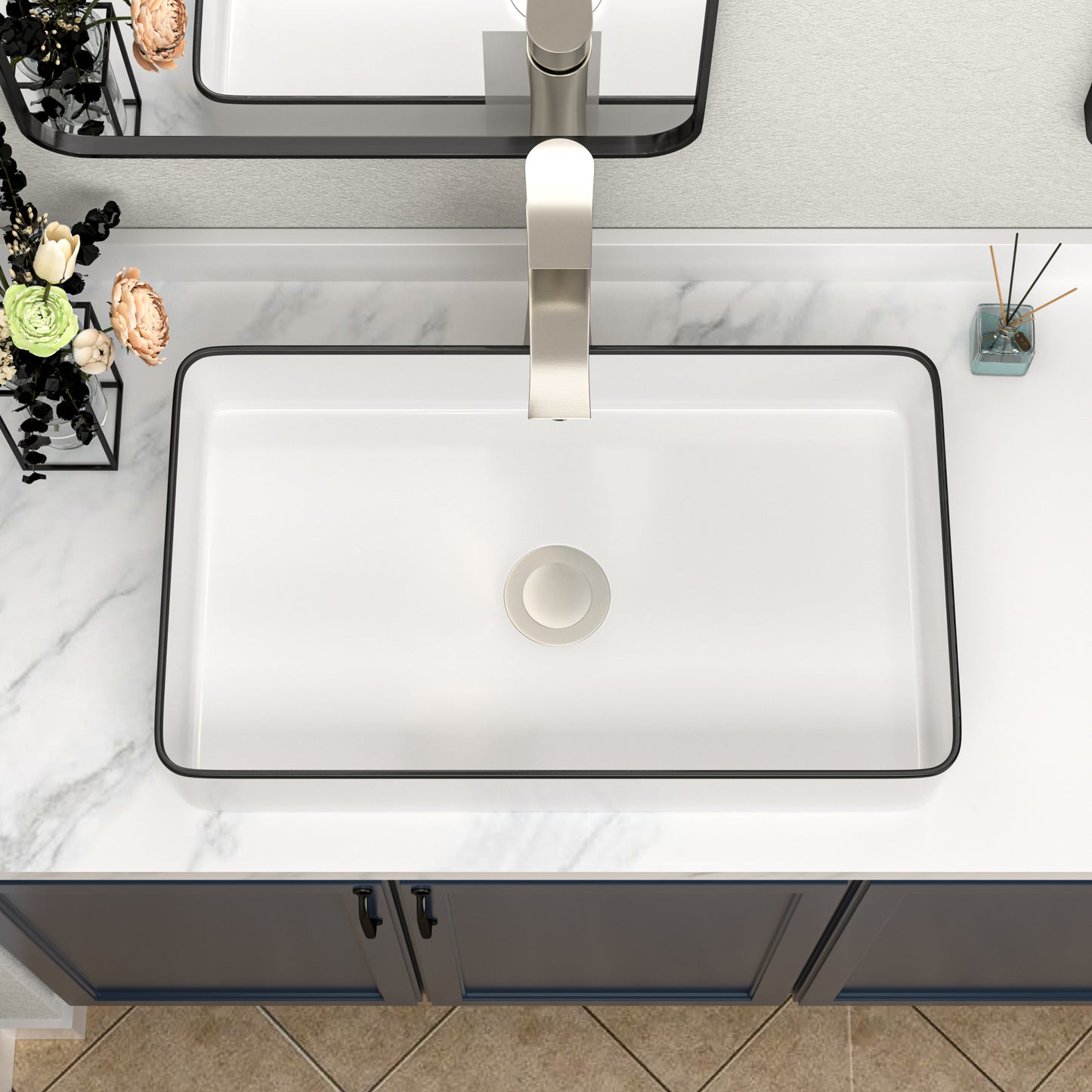 Kichae 24" x 14" White Rectangular Vessel Bathroom Sink with Black Rim, Above Counter Ceramic Vanity Sink