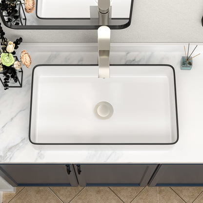 Kichae 24" x 14" White Rectangular Vessel Bathroom Sink with Black Rim, Above Counter Ceramic Vanity Sink