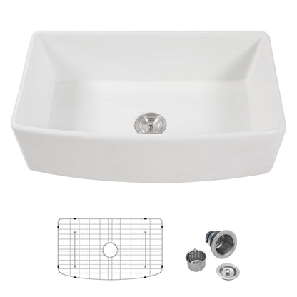 Kichae 33" x 19" White Fireclay Farmhouse Kitchen Sink Apron Front Single Bowl Sink