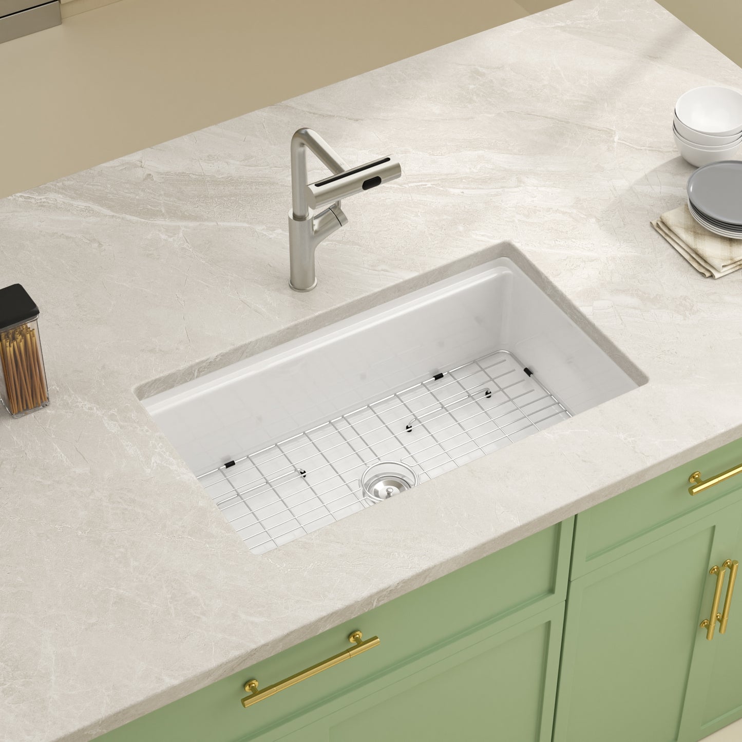 Kichae 33" x 19" White Fireclay Undermount Workstation Kitchen Sink Single Bowl Sink with Full Accessories