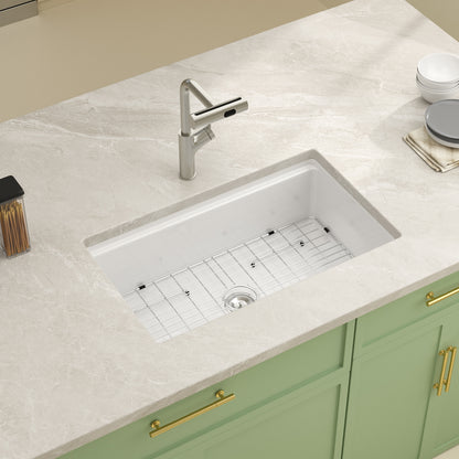 Kichae 33" x 19" White Fireclay Undermount Workstation Kitchen Sink Single Bowl Sink with Full Accessories
