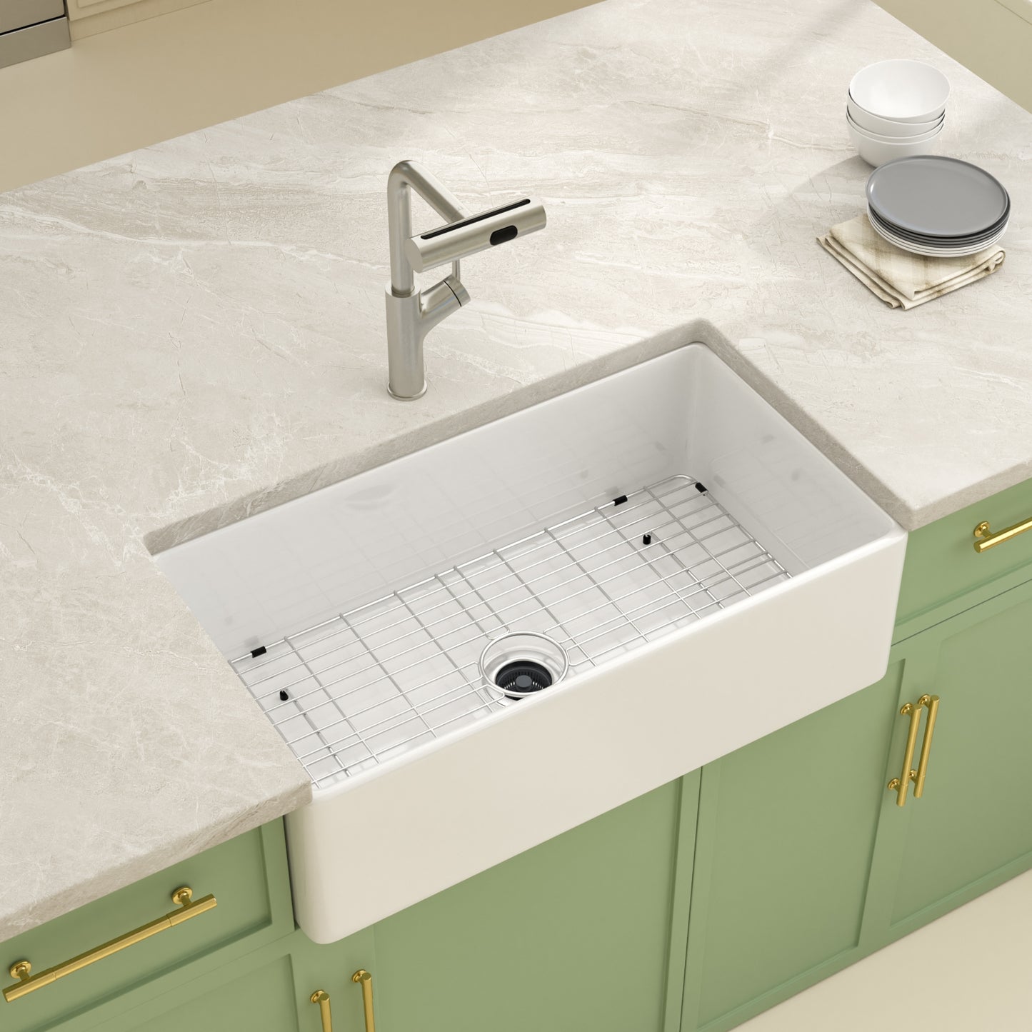 Kichae 33'' x 18'' Reversible White Fireclay Farmhouse Kitchen Sink, Single Bowl Apron Front Sink with Basin Rack & Drain Assembly