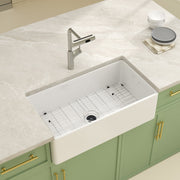 Kichae 33'' x 18'' Reversible White Fireclay Farmhouse Kitchen Sink, Single Bowl Apron Front Sink with Basin Rack & Drain Assembly Kichae USA