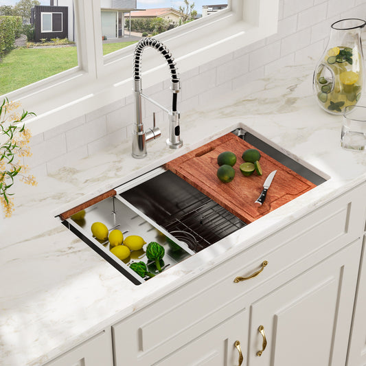 Kichae 32 Inch Undermount Workstation Kitchen Sink 16‑Gauge Stainless Steel Single Bowl Sink with Cutting Board and Colander