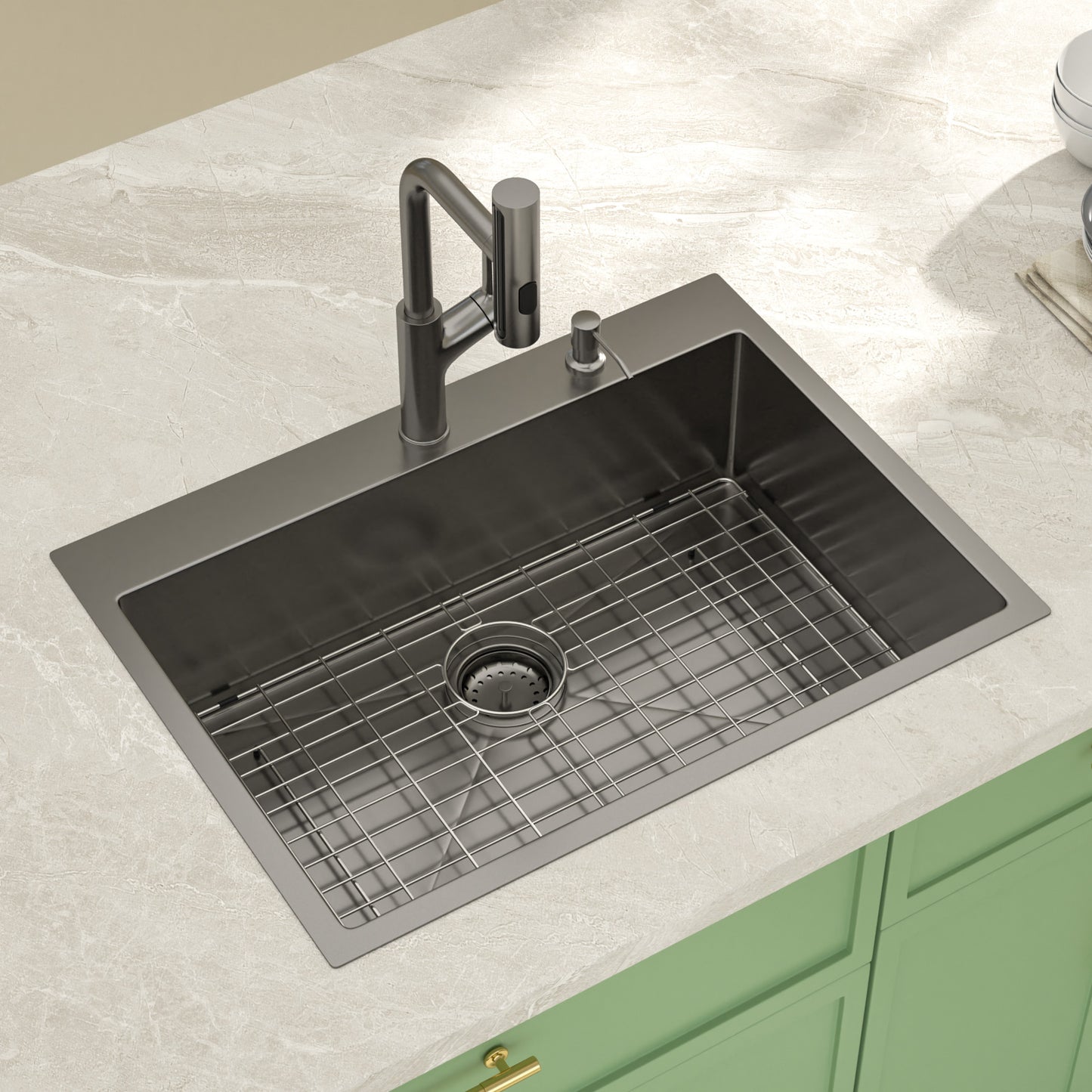Kichae 30 Inch Gunmetal Black Drop In Workstation Kitchen Sink 16 Gauge Stainless Steel 30x22 Single Bowl Sink with Pull Out Faucet & Accessories