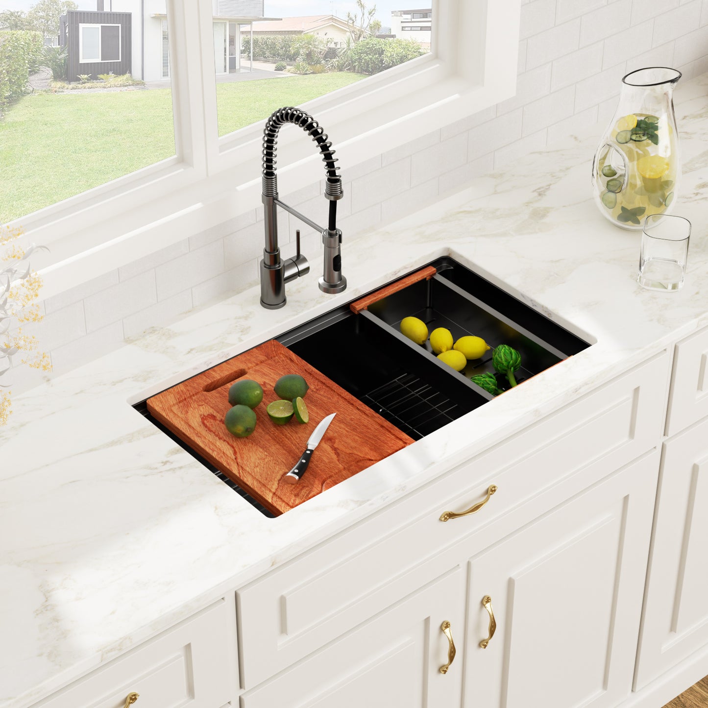 Kichae 30'' x 19'' Gunmetal Black Undermount Workstation Kitchen Sink 16 Gauge Stainless Steel Single Bowl Sink with Full Workstation Accessories