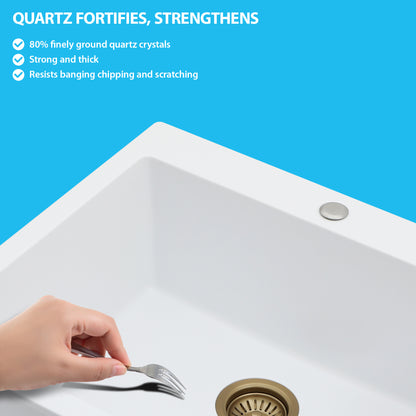 Kichae 33" x 22" White Quartz Drop-In Kitchen Sink, Single Bowl Quartz Kitchen Sink with Accessories