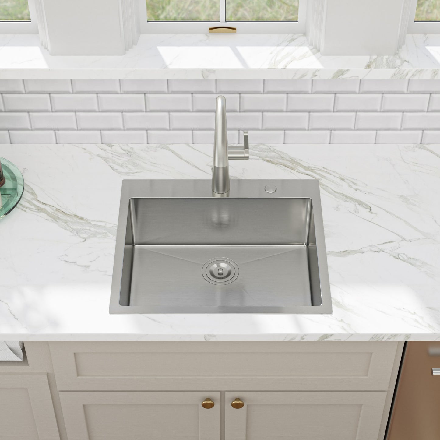 Kichae 25 Inch Drop In Kitchen Sink 25×22 Inch T304 Stainless Steel 16 Gauge Single Bowl Sink with Drain Assembly
