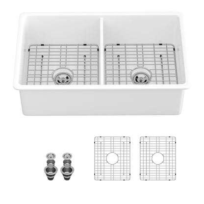Kichae 32 Inch White Fireclay Dual Mount Kitchen Sink 50/50 Double Bowl Basin