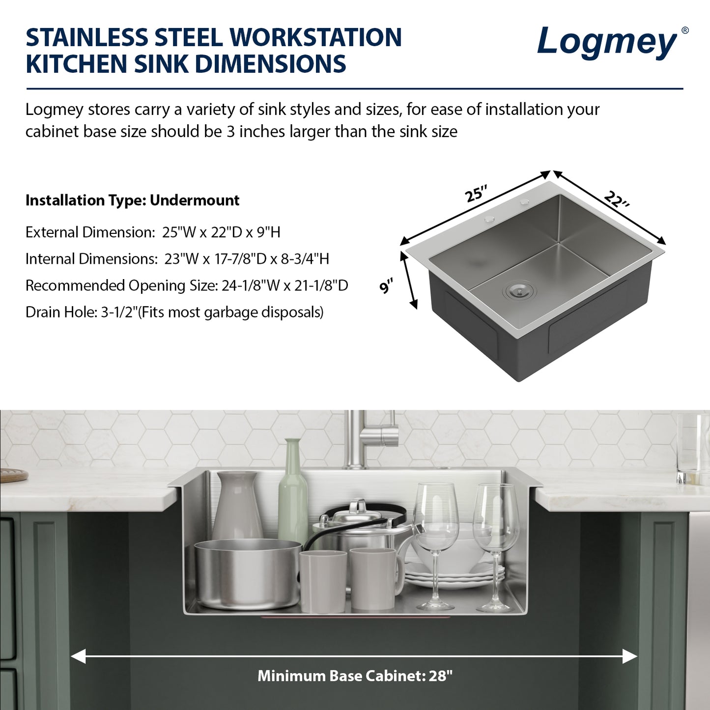 Kichae 25 Inch Drop In Kitchen Sink 25×22 Inch T304 Stainless Steel 16 Gauge Single Bowl Sink with Drain Assembly