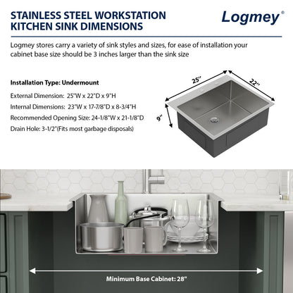 Kichae 25 Inch Drop In Kitchen Sink 25×22 Inch T304 Stainless Steel 16 Gauge Single Bowl Sink with Drain Assembly
