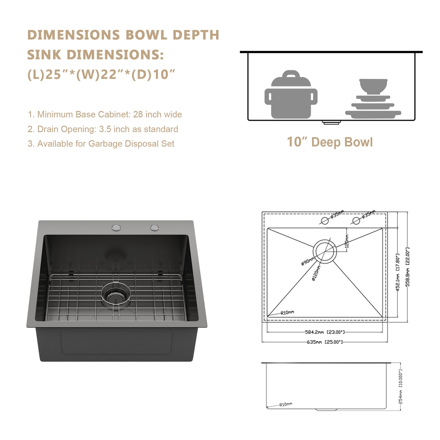 Kichae 25 Inch Gunmetal Black Drop In Top Mount Kitchen Sink 25×22 Inch 16 Gauge T304 Stainless Steel Single Bowl Sink with Accessories