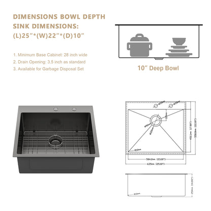 Kichae 25 Inch Gunmetal Black Drop In Top Mount Kitchen Sink 25×22 Inch 16 Gauge T304 Stainless Steel Single Bowl Sink with Accessories