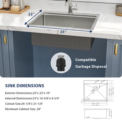 Kichae 25 Inch Drop In Workstation Kitchen Sink 25×22 Inch 16 Gauge T304 Stainless Steel Single Bowl Sink with Full Workstation Accessories