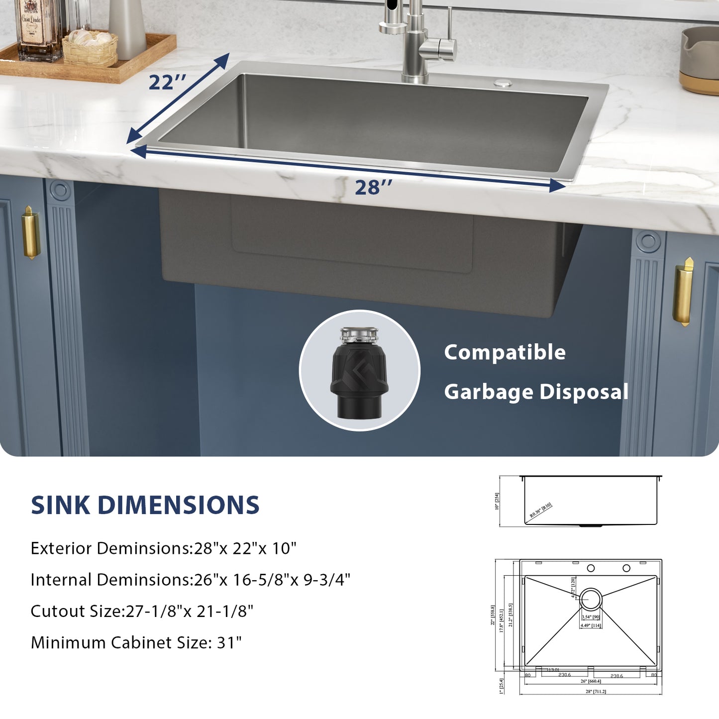 Kichae 28 Inch Drop In Kitchen Sink 28×22 Inch 16 Gauge T304 Stainless Steel Single Bowl Topmount Sink with Complete Accessories