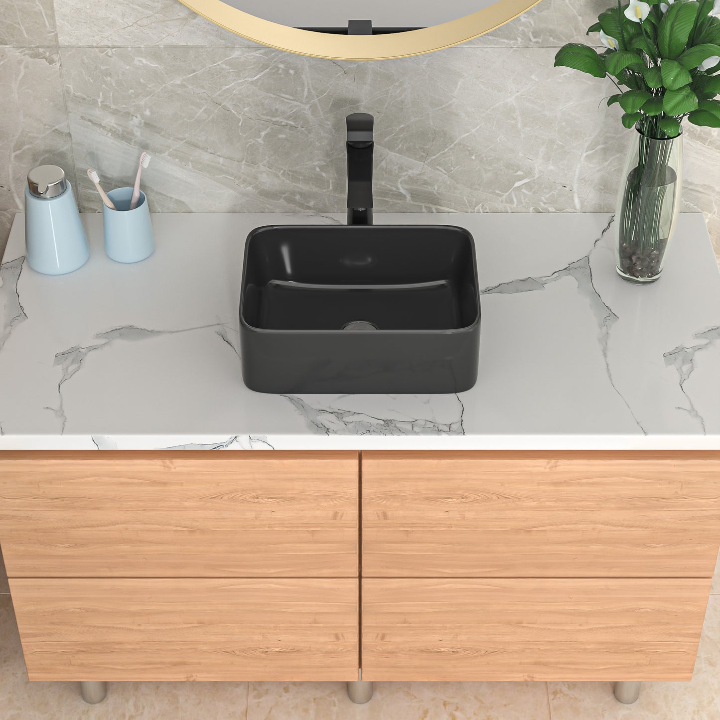 Modern Rectangular Above Counter  Black Vessel Sink - Kichae 16 x 12 Ceramic Porcelain Art Basin